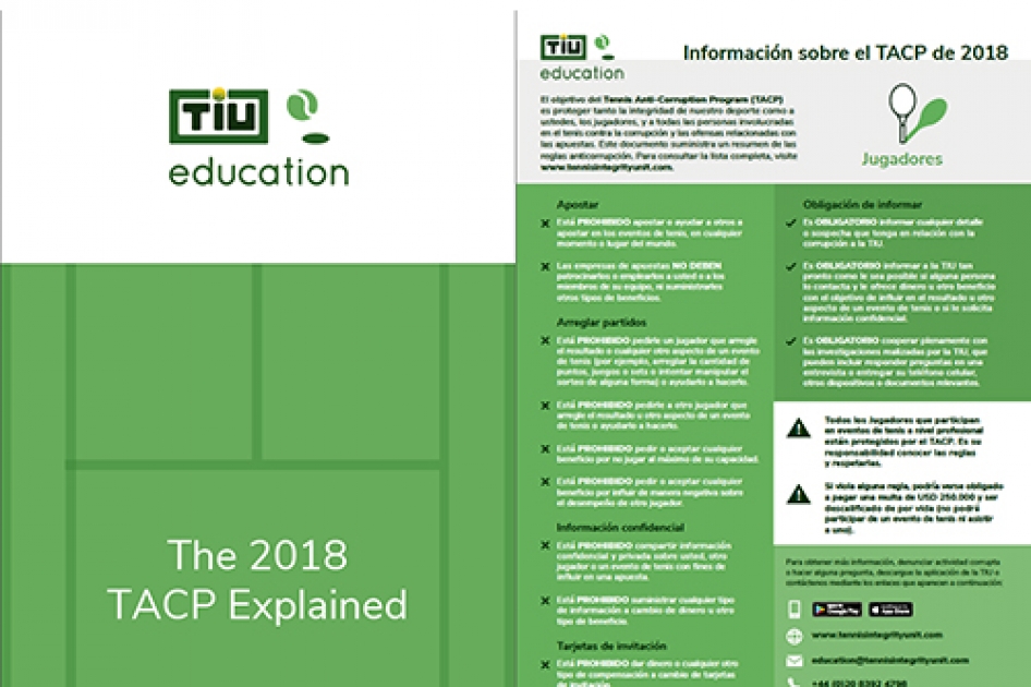 La Tennis Integrity Unit (TIU) publica un resumen del programa anticorrupcin disponible en espaol